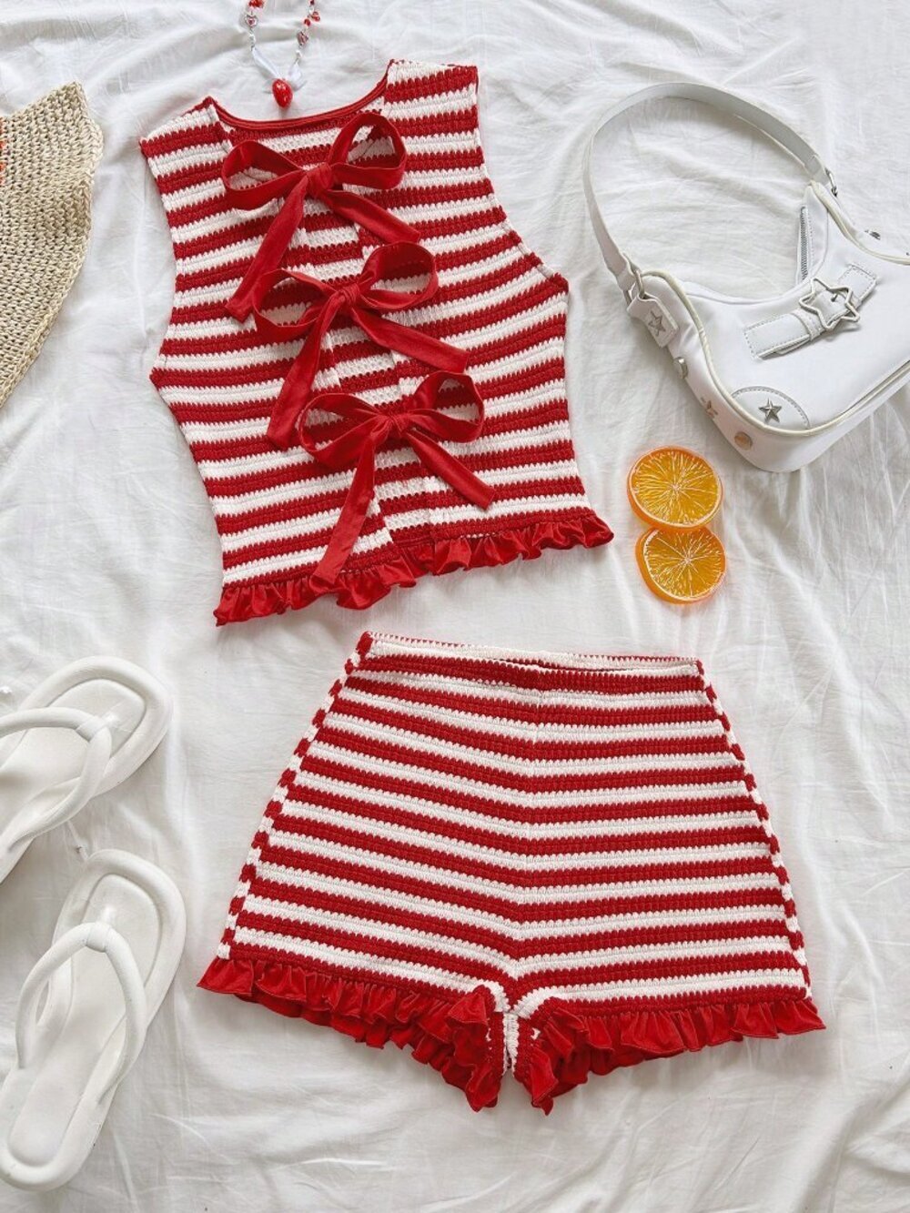 Casual Women's Stripe Knit Tie-Bow Cropped top & Shorts